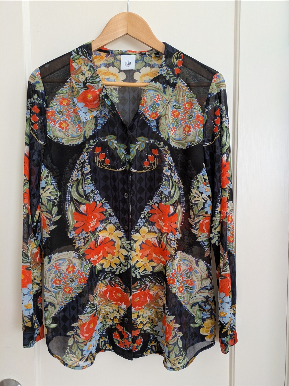 CAbi Black Sheer Button-Down Blouse with Red, Yellow and Blue Floral Print